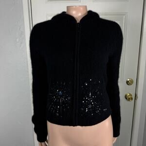 Vintage Y2K Twiggy Women's sweater M Sequin Angora Rabbit Cardigan Hooded MM10